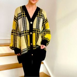 Zara Yellow Plaid Oversized Knit Cardigan with Gold buttons